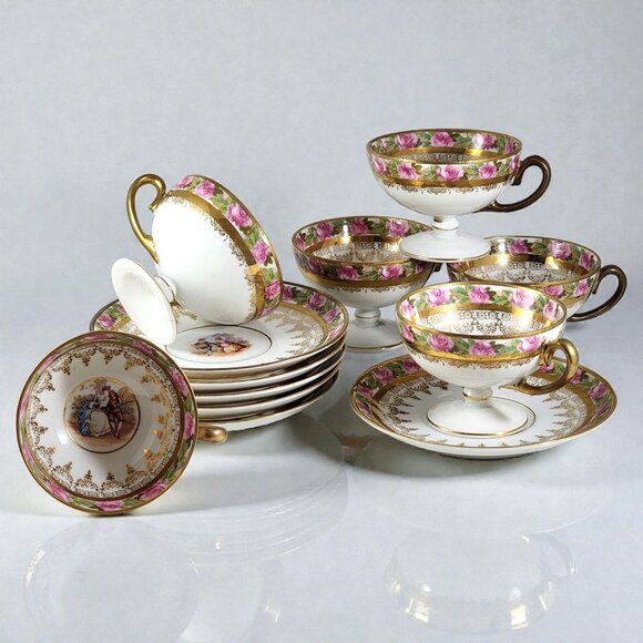 Vintage Demitasse Tea Cup Saucer 12pc Set Pink Rose Gold Gilt Victorian China 2" - Picture 1 of 11